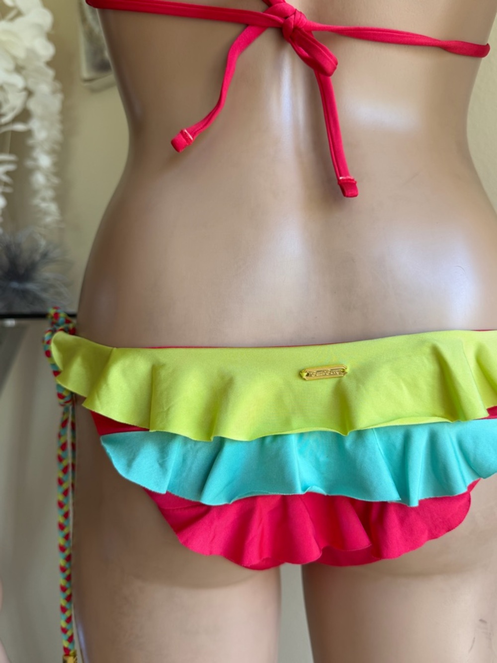 Beach Bunny Red Triangle Bikini with Yellow & Aqua Ruffle Trim - Picture 6 of 7